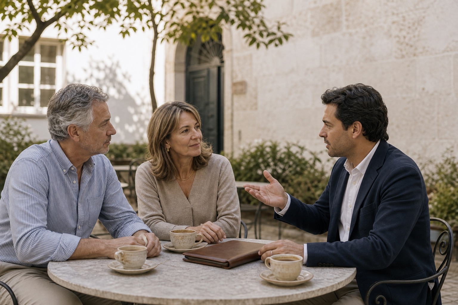 Tax position review conversation in a quiet Portuguese courtyard