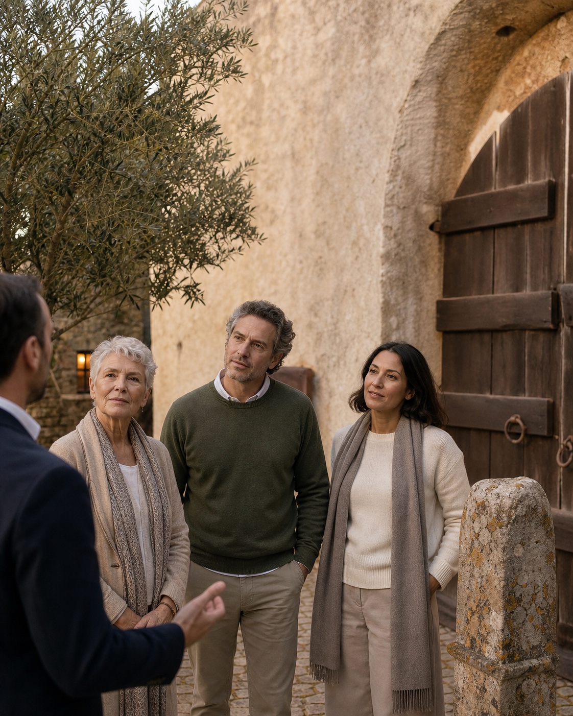 Family discussing inheritance and property transfer at an Alentejo gate